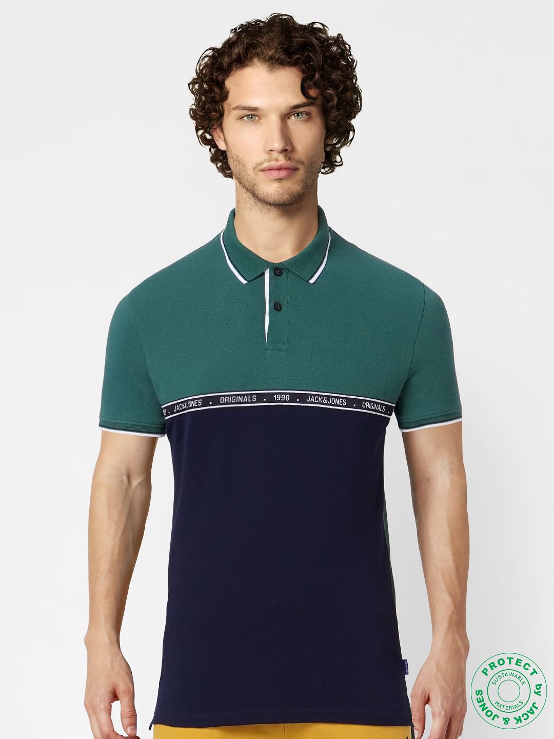Green Colourblocked Polo Neck T-shirt
