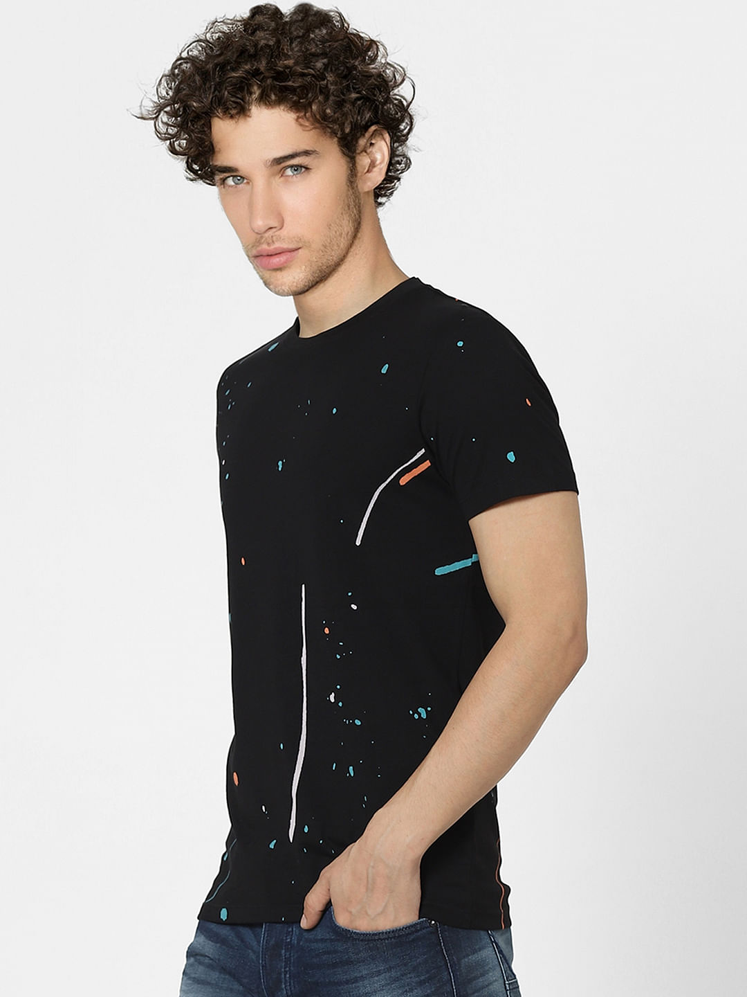 Black Splash Print Crew Neck T-shirt
