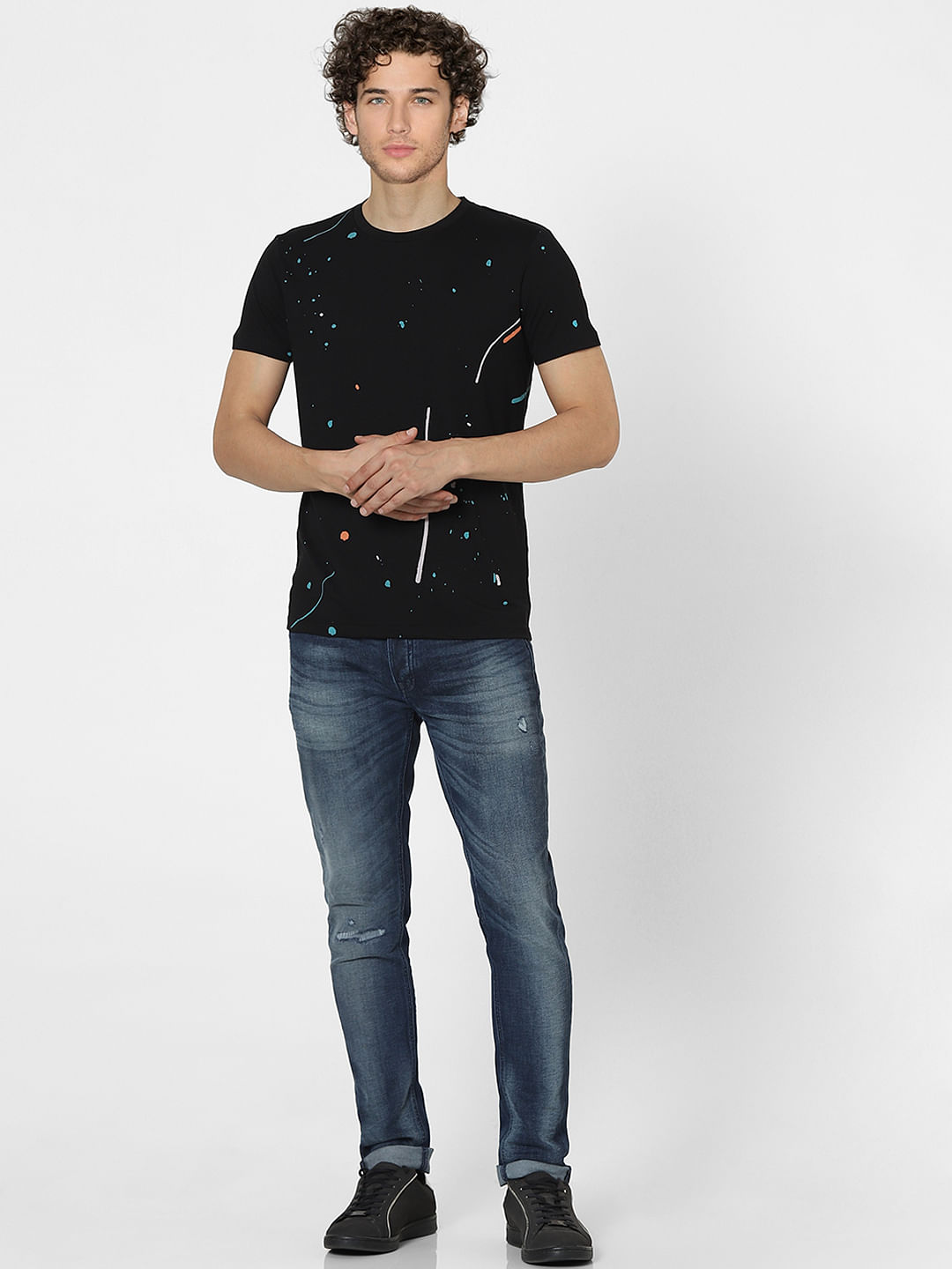 Black Splash Print Crew Neck T-shirt
