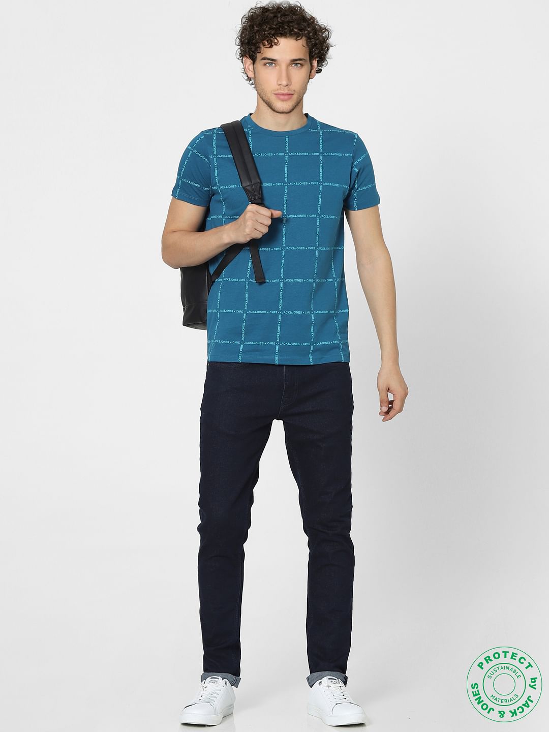 Blue Check Print Crew Neck T-shirt