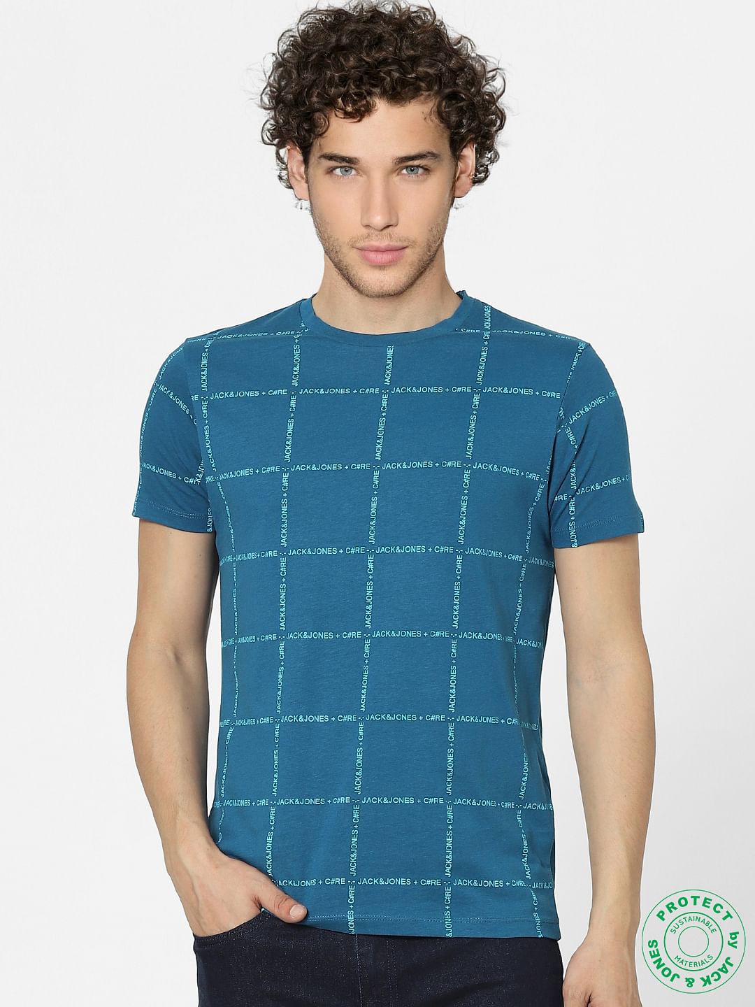 Blue Check Print Crew Neck T-shirt