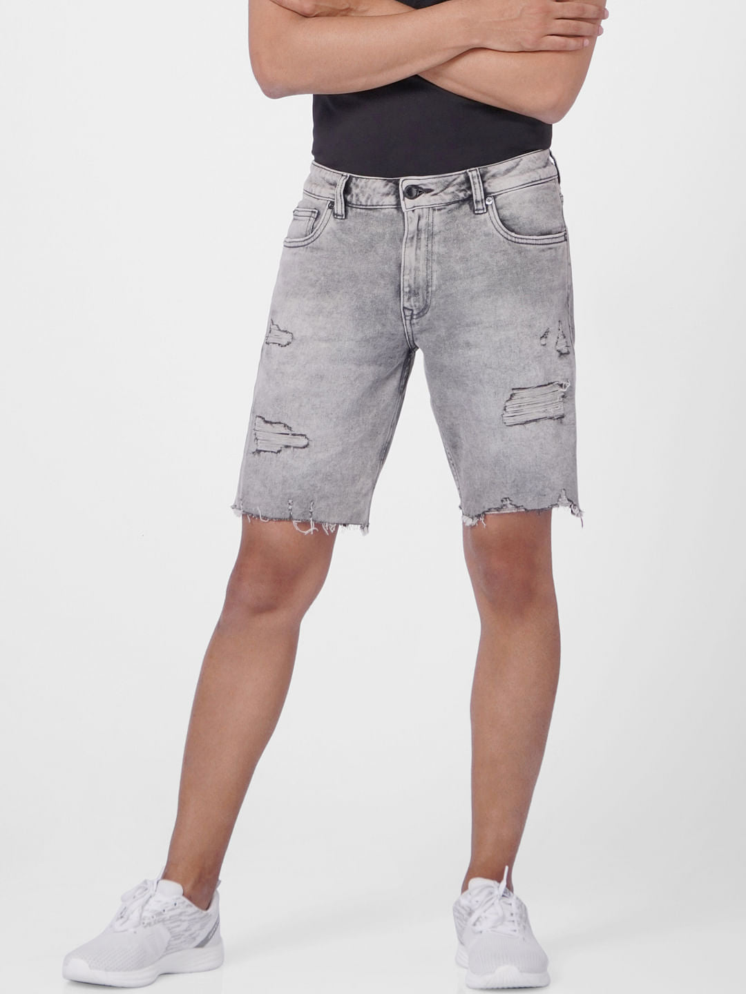 Grey Ripped Denim Shorts