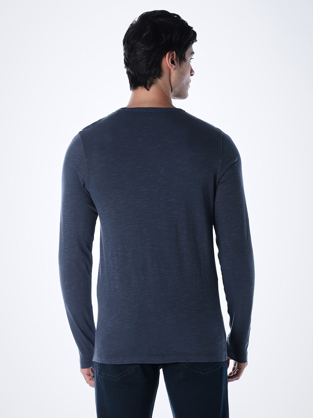 Split Neck Cotton T-shirt - Blue