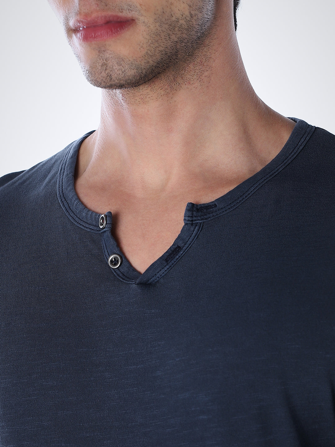 Split Neck Cotton T-shirt - Blue