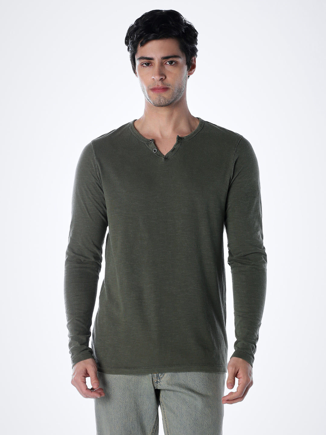 Split Neck Cotton T-shirt - Green