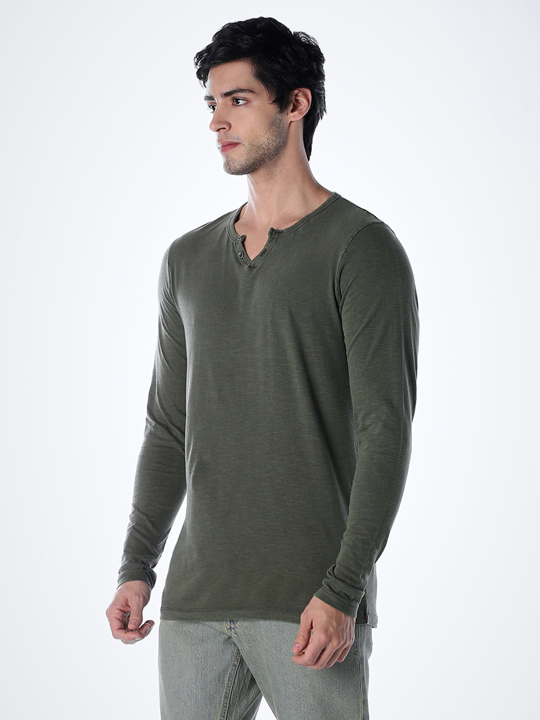 Split Neck Cotton T-shirt - Green