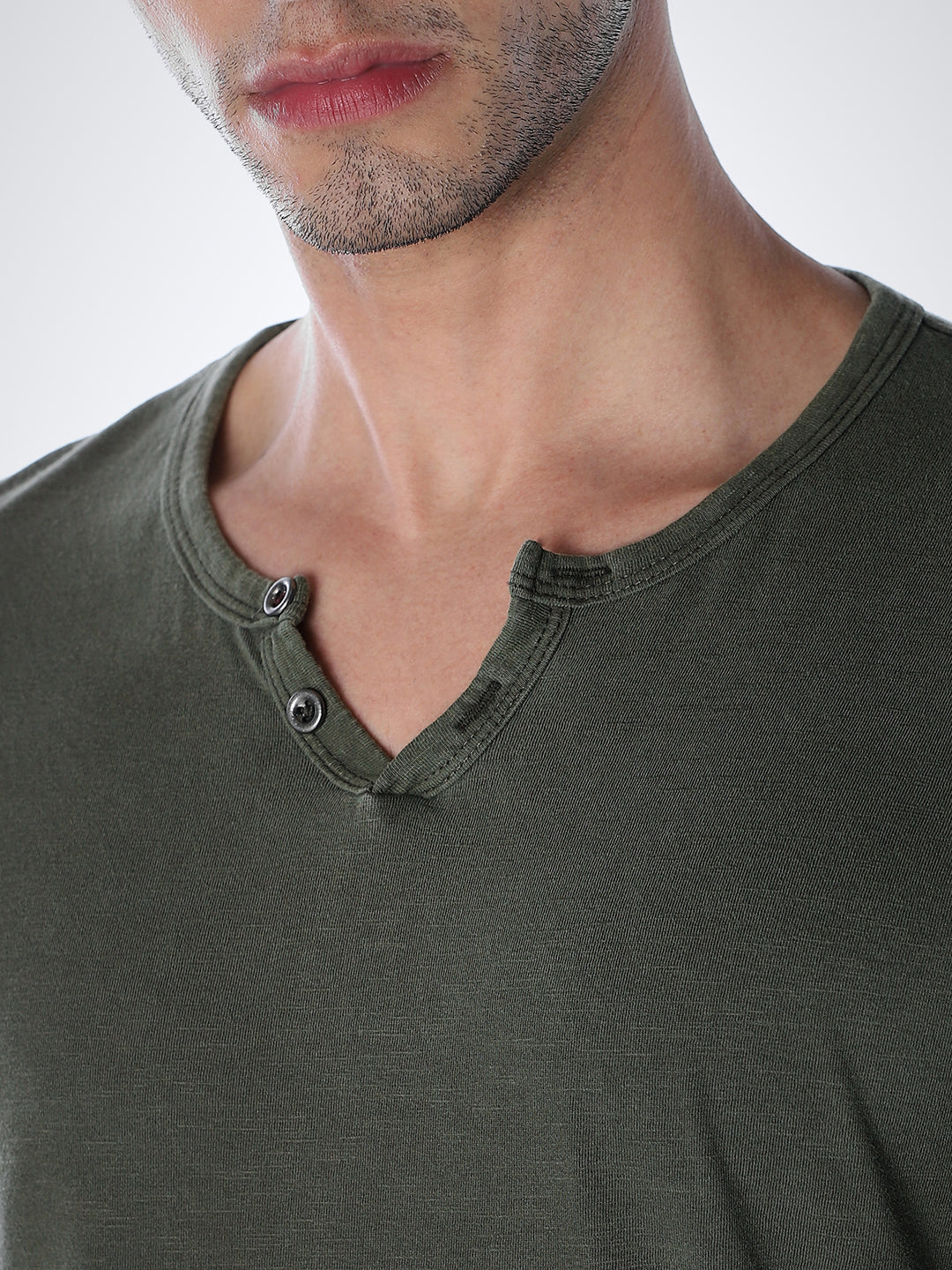 Split Neck Cotton T-shirt - Green