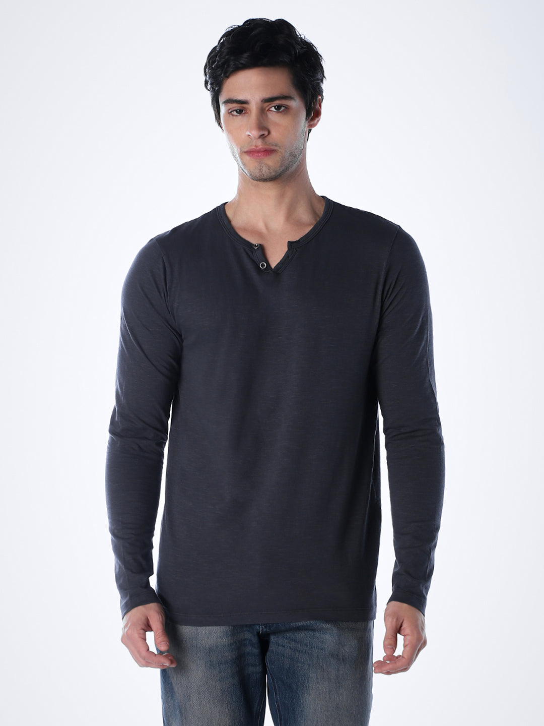 Split Neck Cotton T-shirt - Black