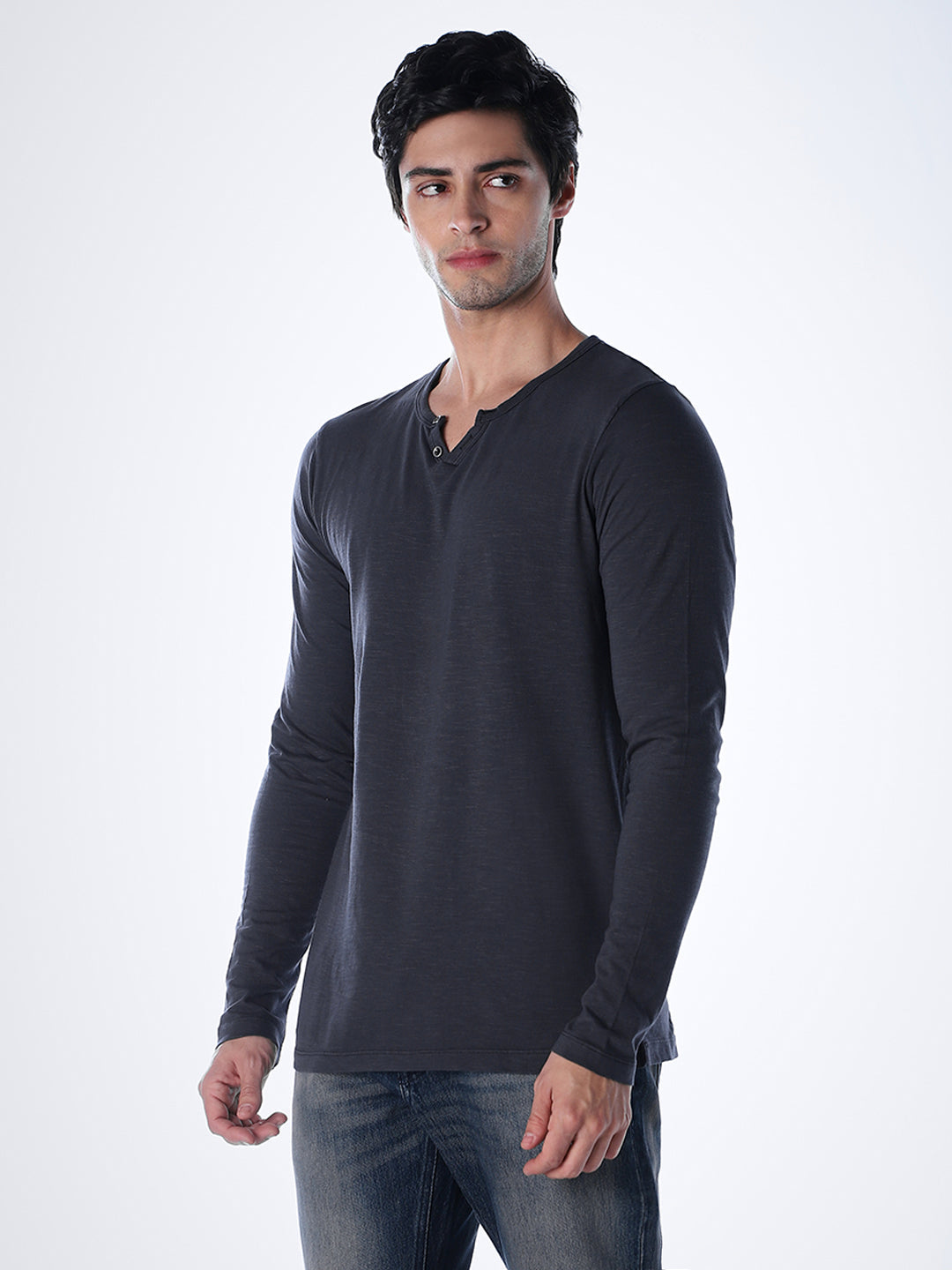Split Neck Cotton T-shirt - Black