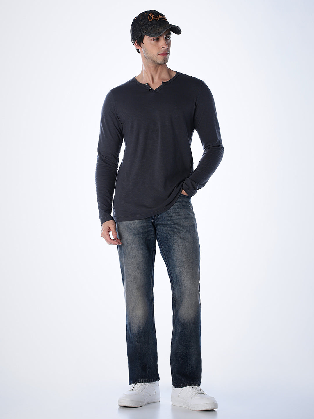 Split Neck Cotton T-shirt - Black