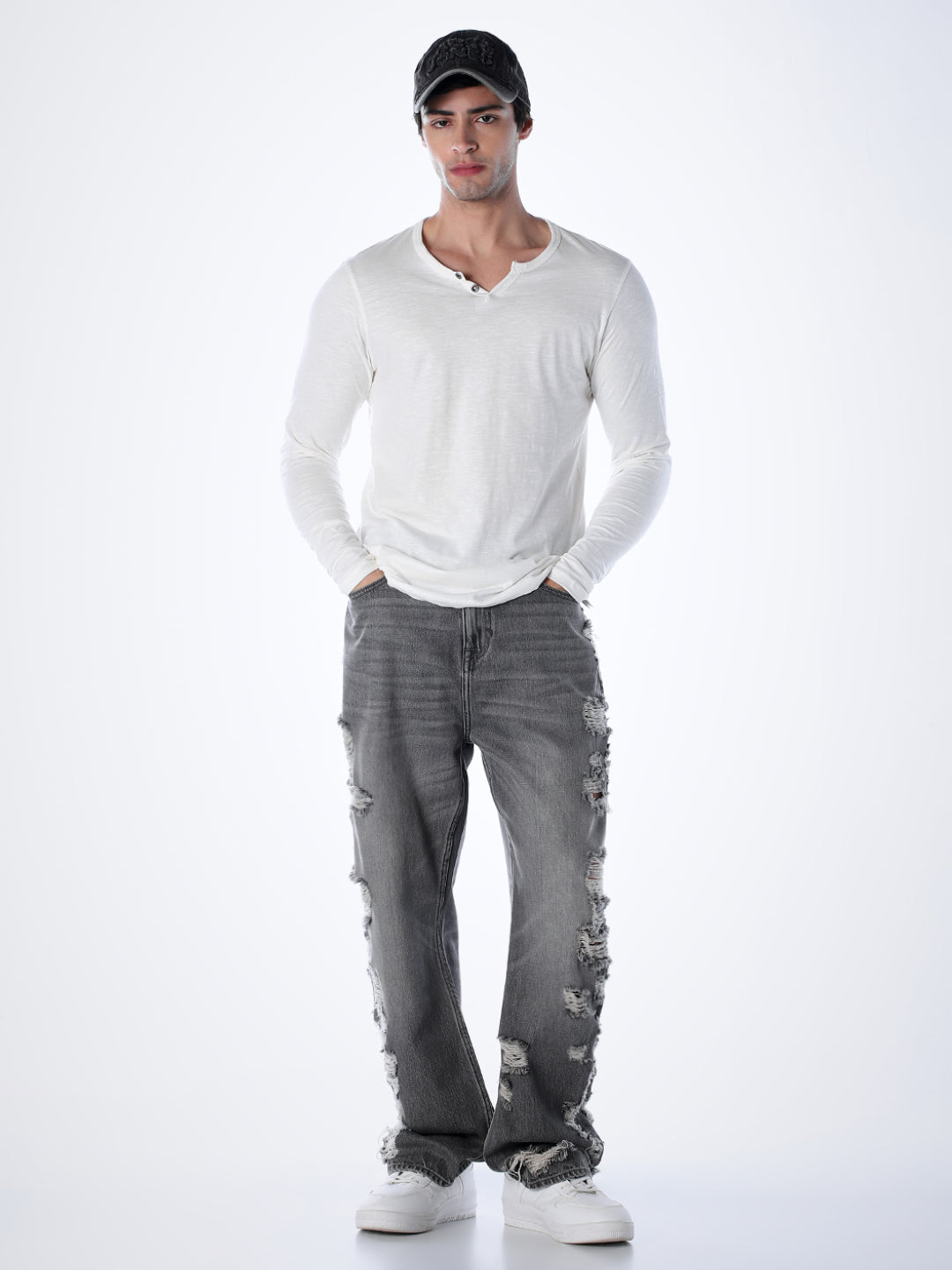 Split Neck Cotton T-shirt - White