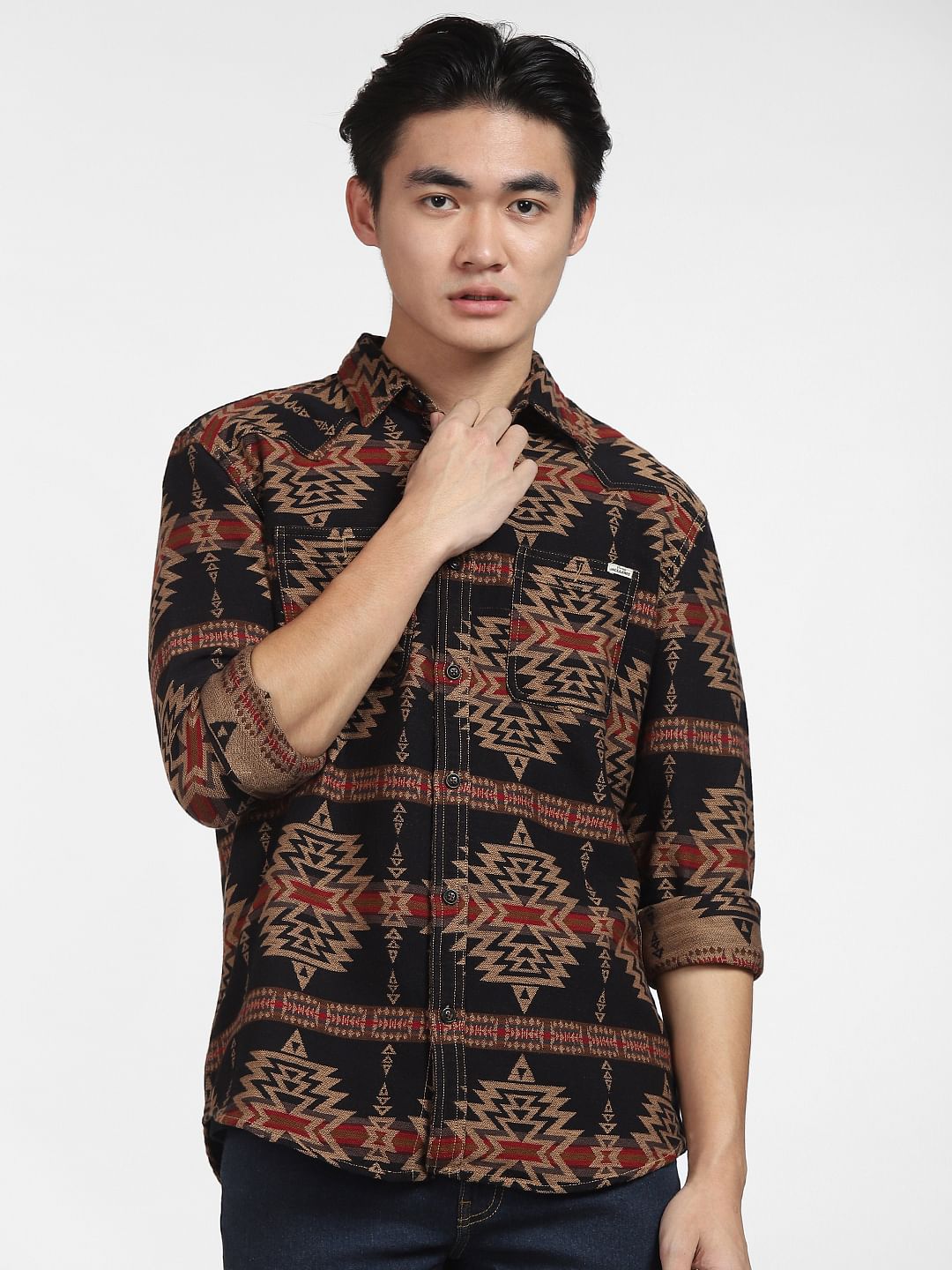 Brown Jacquard Aztec Print Shirt