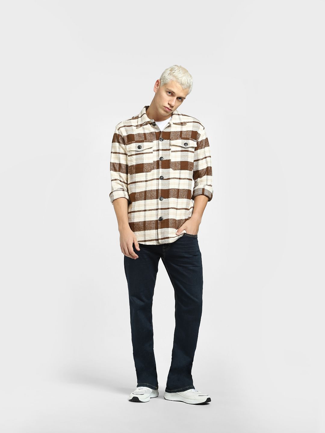 Brown Check Print Full Sleeves Shirt