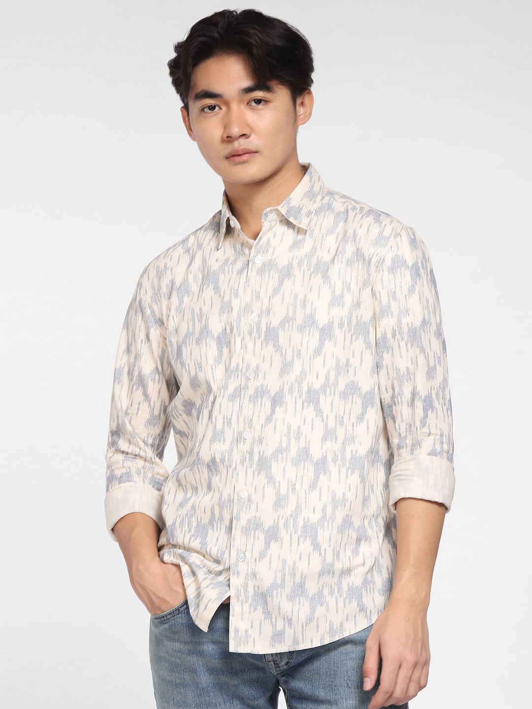 Beige Printed Full Sleeves Shirt