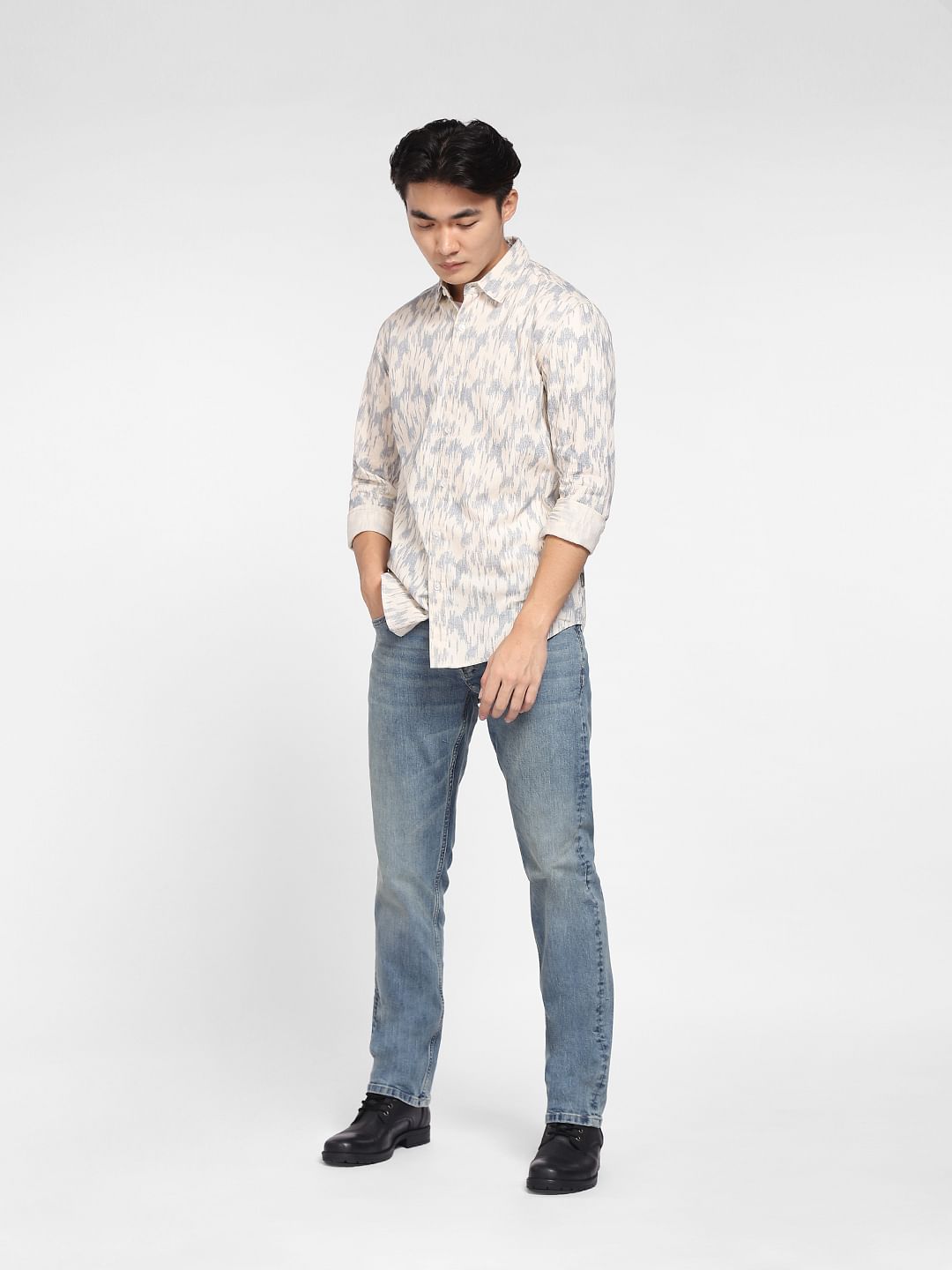 Beige Printed Full Sleeves Shirt