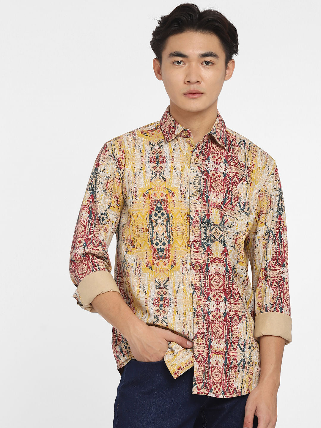 Beige Printed Full Sleeves Shirt