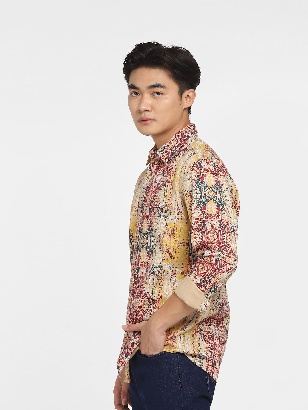 Beige Printed Full Sleeves Shirt