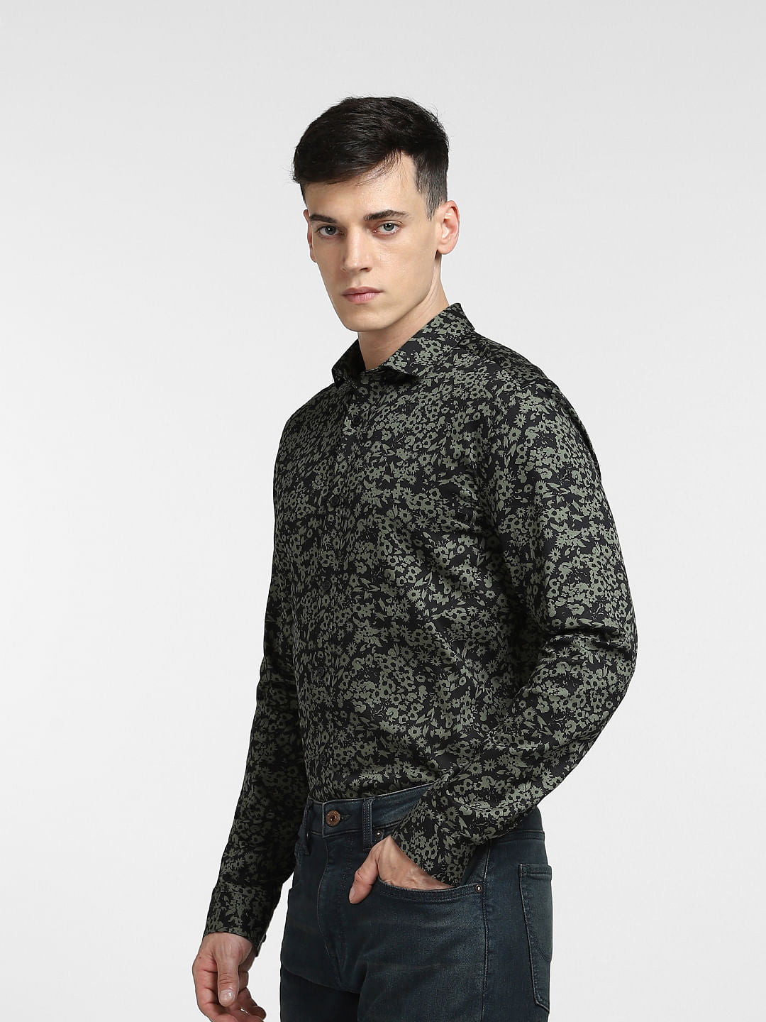 Green Floral Print Full Sleeves Shirt