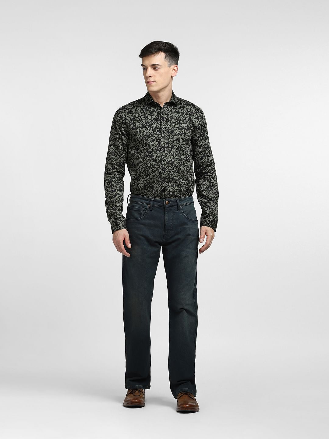 Green Floral Print Full Sleeves Shirt