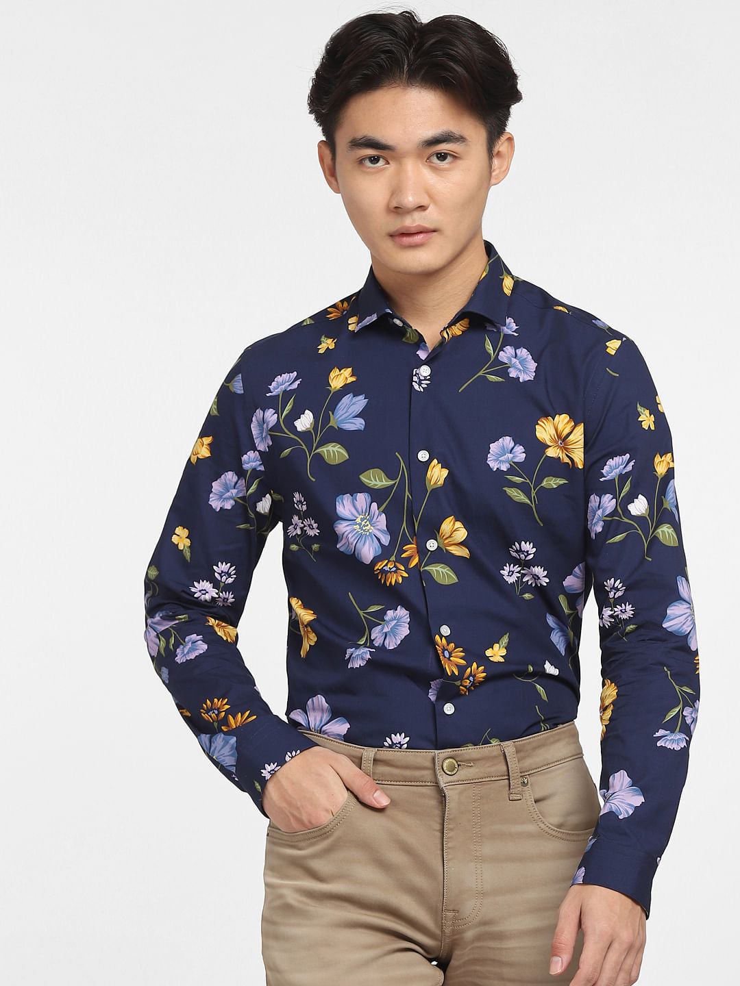 Navy Blue Floral Full Sleeves Shirt
