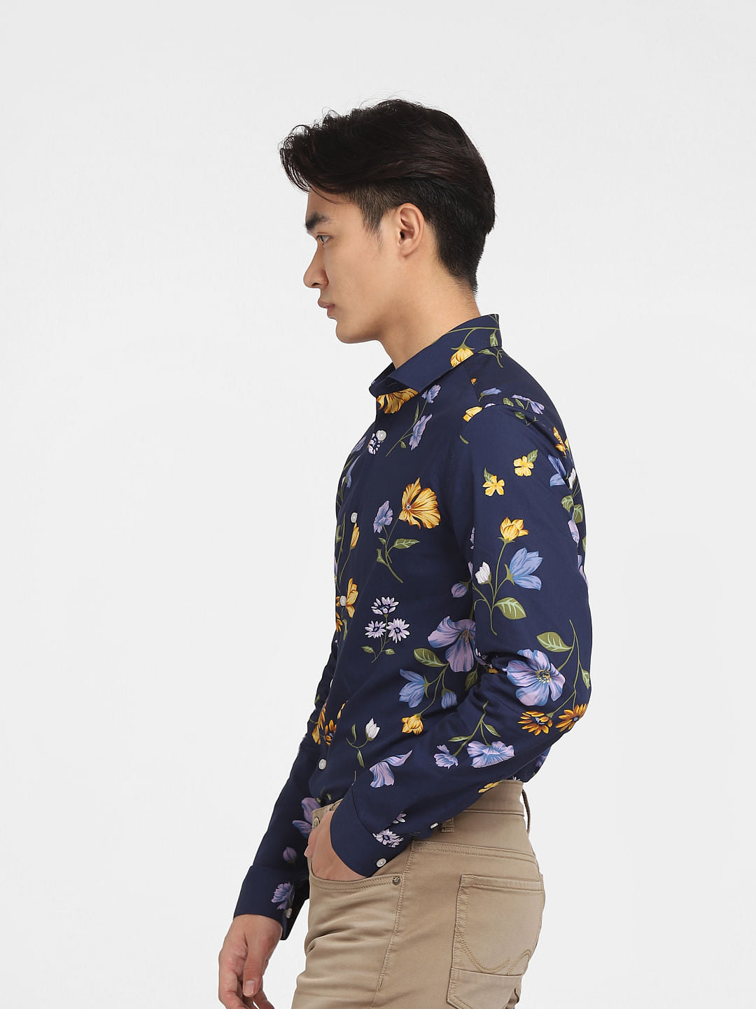 Navy Blue Floral Full Sleeves Shirt