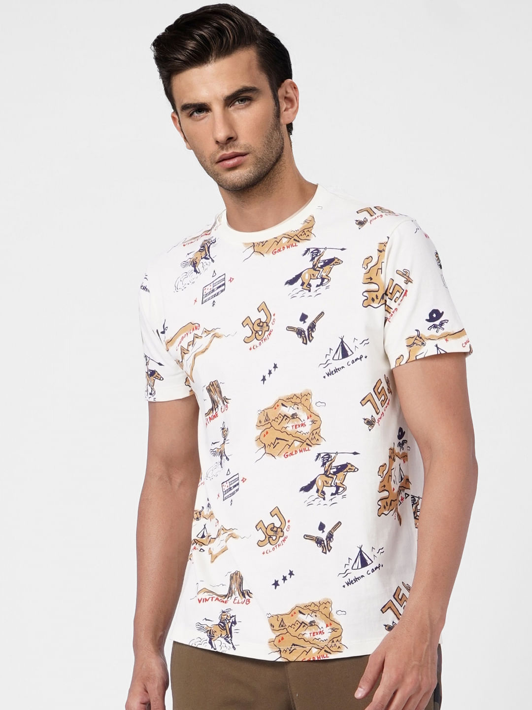 Beige Graphic Print Crew Neck T-shirt