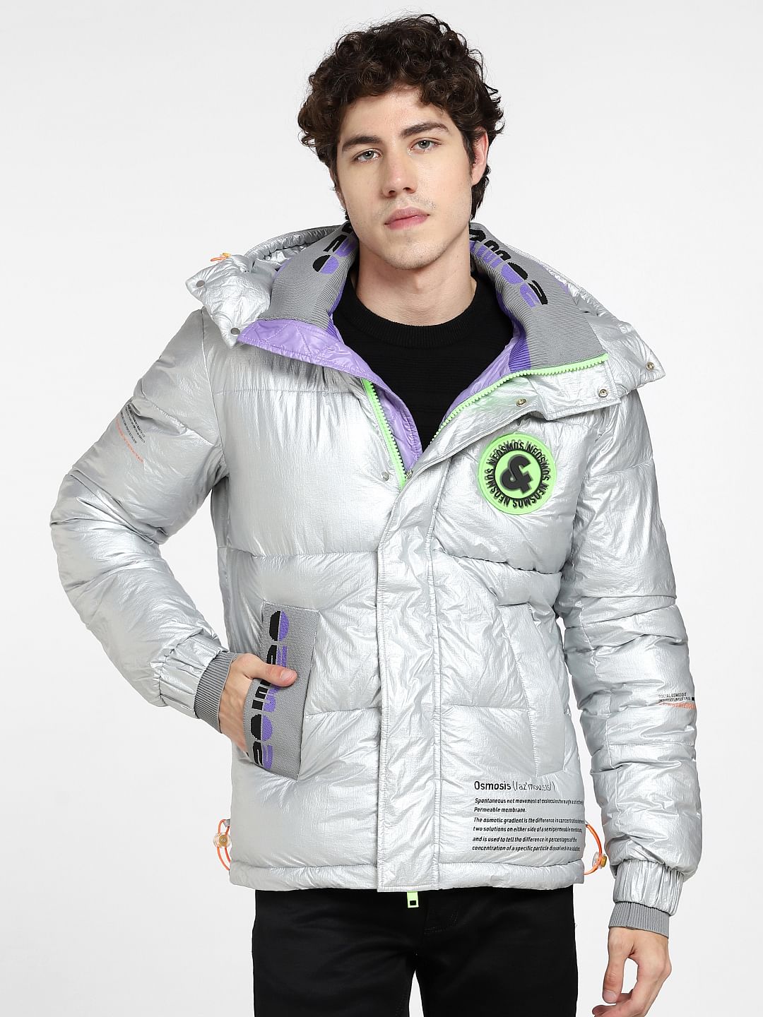 Silver Printed Hooded Puffer Jacket