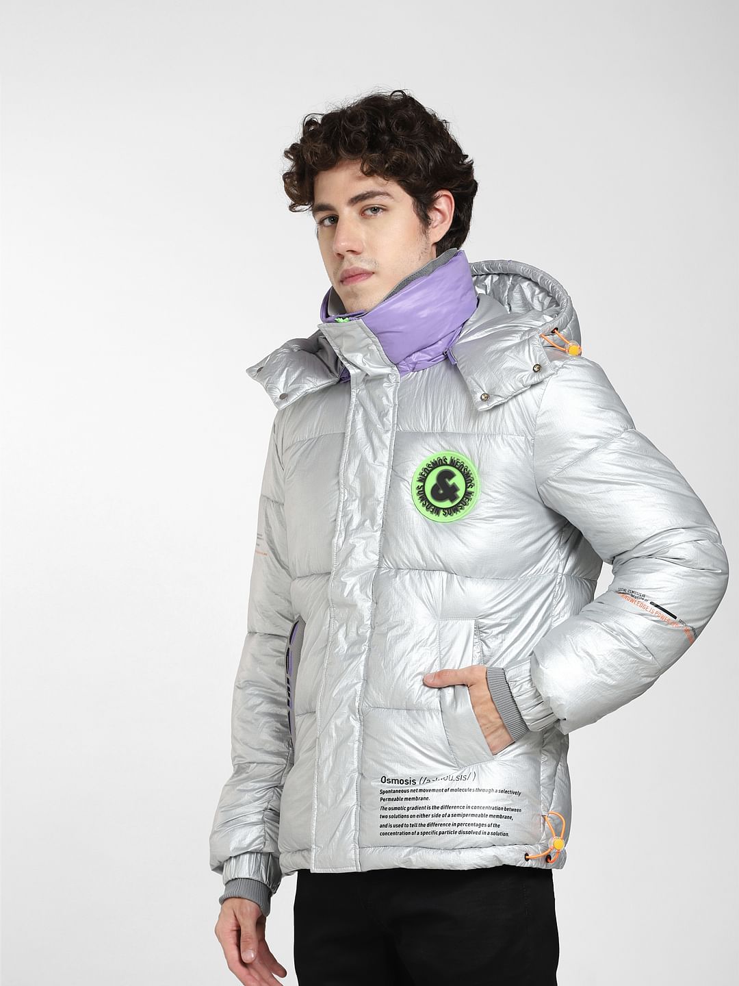 Silver Printed Hooded Puffer Jacket