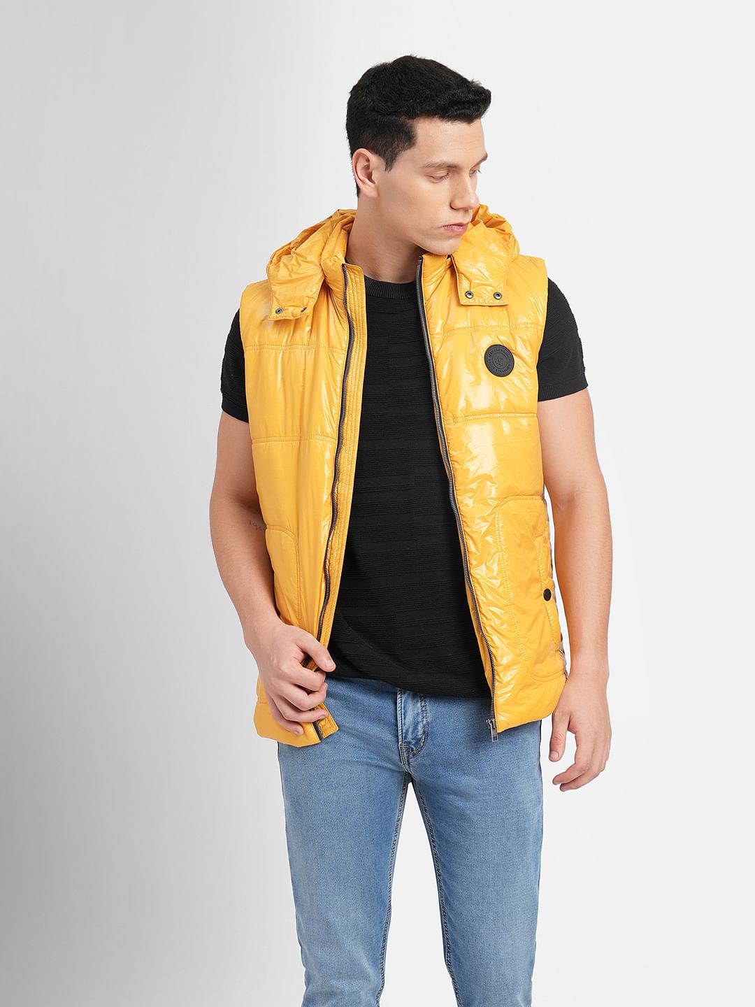 Yellow Hooded Puffer Vest Jacket