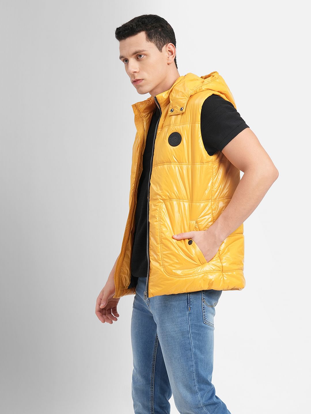 Yellow Hooded Puffer Vest Jacket