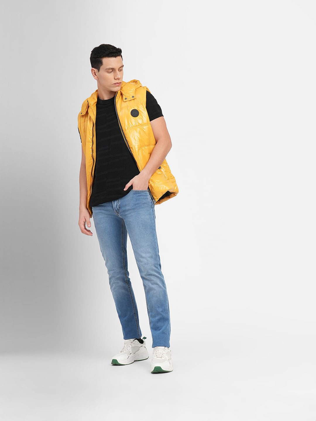 Yellow Hooded Puffer Vest Jacket