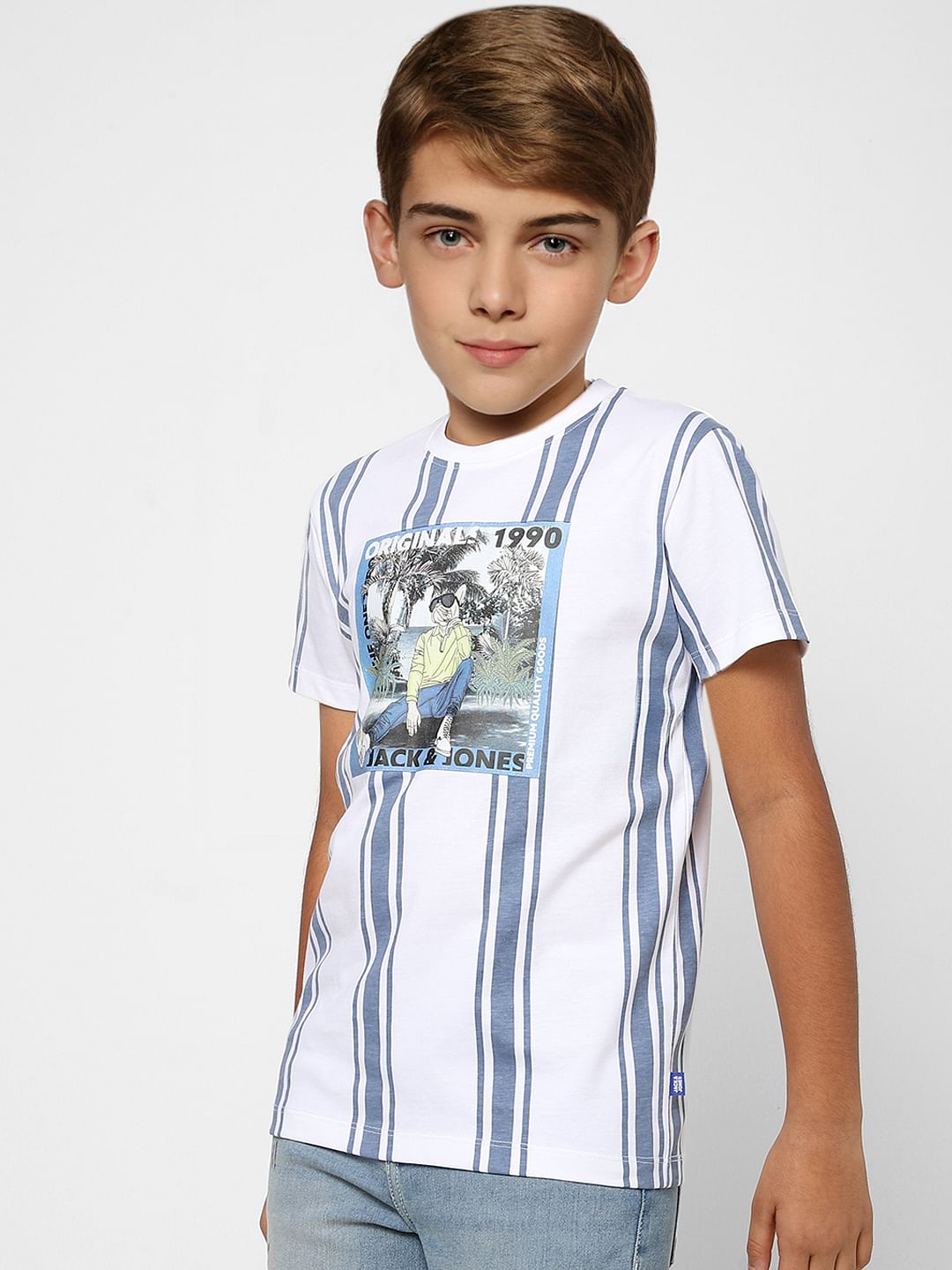 Boys White Striped Crew Neck T-shirt