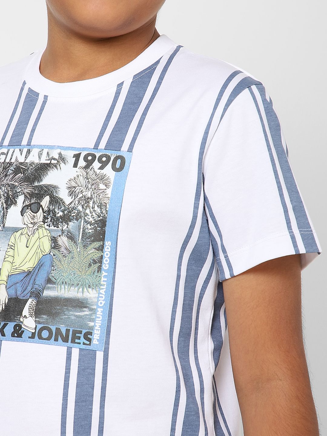 Boys White Striped Crew Neck T-shirt