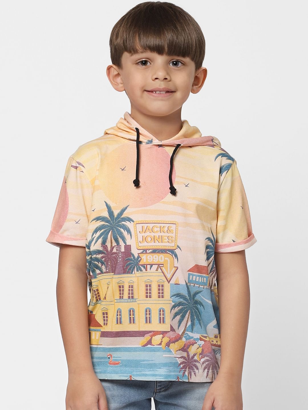 Boys Yellow Hooded Crew Neck T-shirt