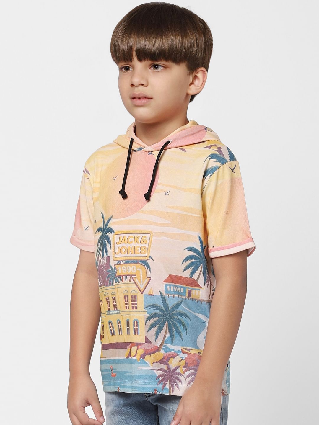 Boys Yellow Hooded Crew Neck T-shirt