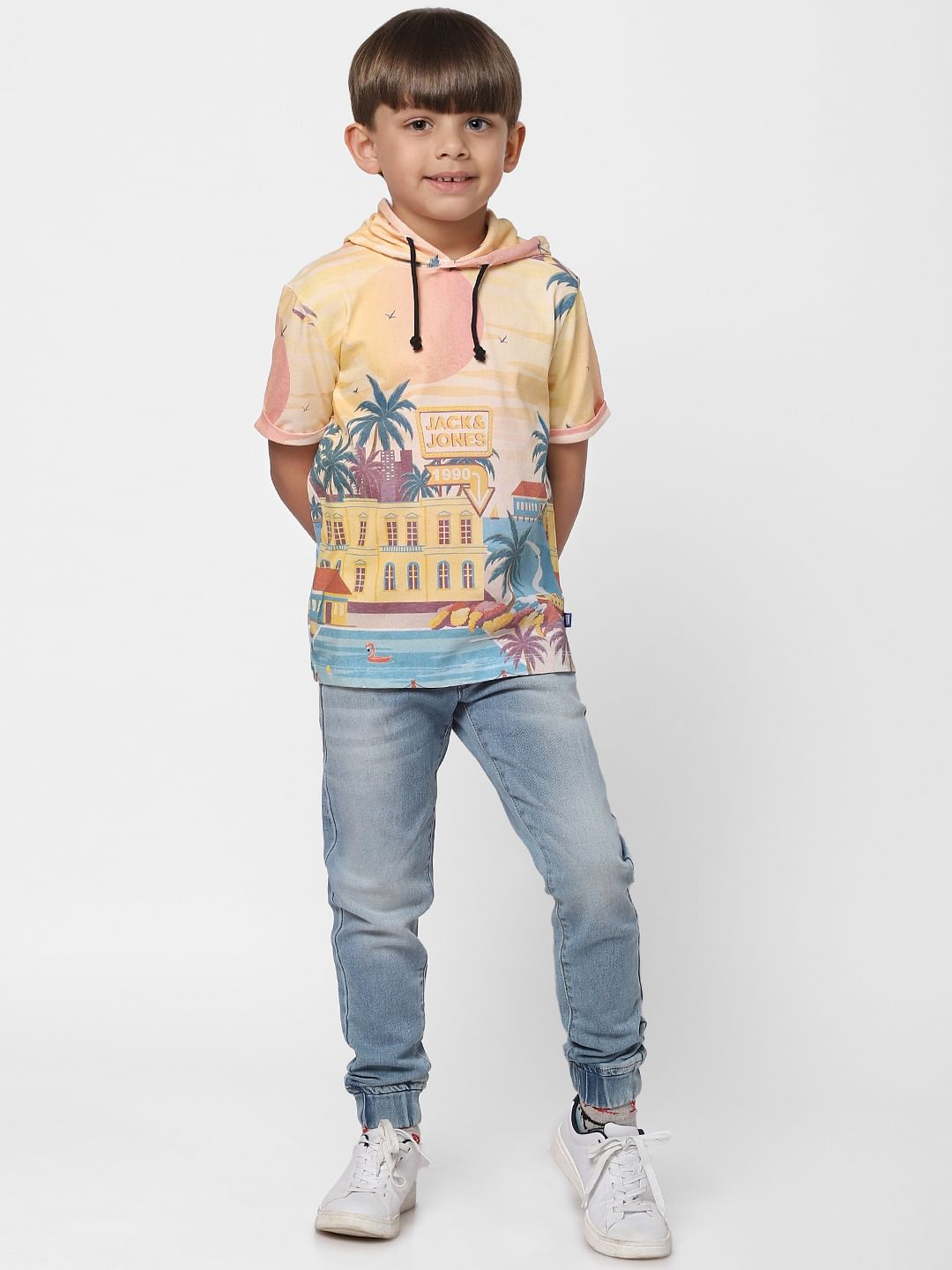 Boys Yellow Hooded Crew Neck T-shirt