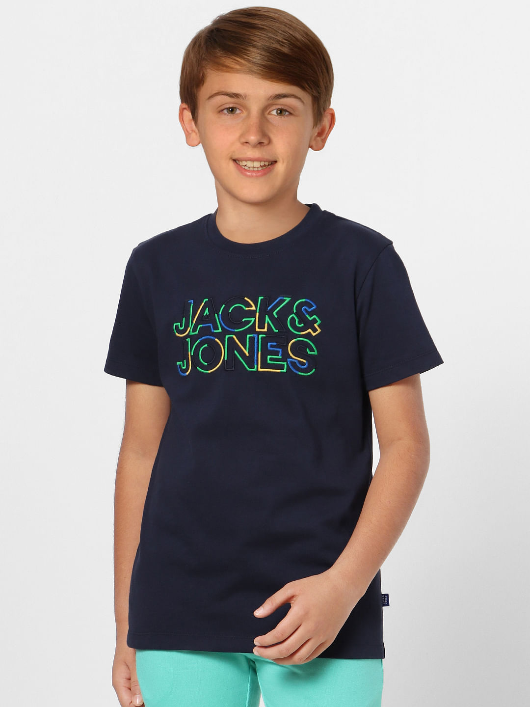 Boys Navy Blue Logo Print Crew Neck T-shirt