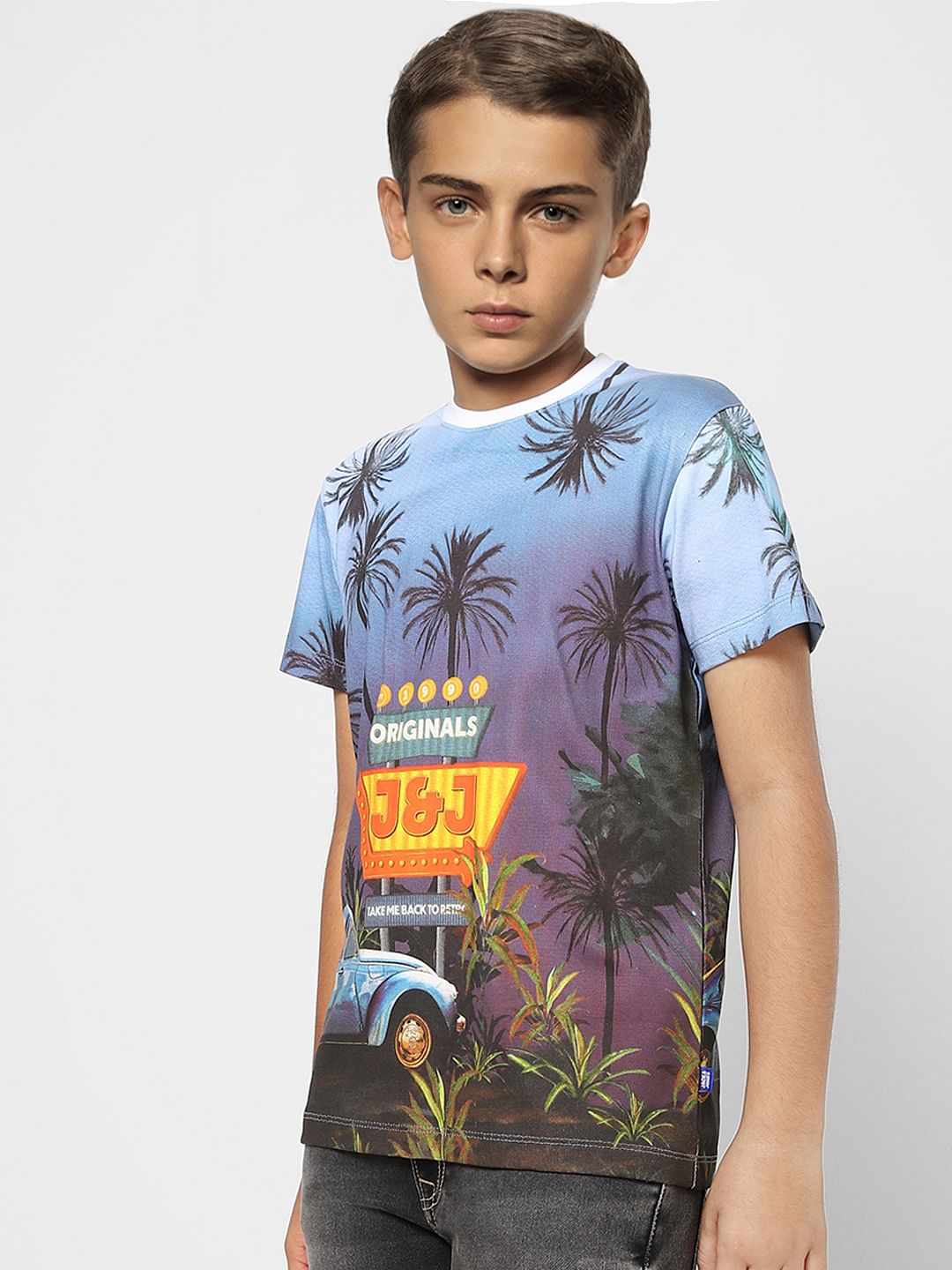 Boys Blue Printed Crew Neck T-shirt