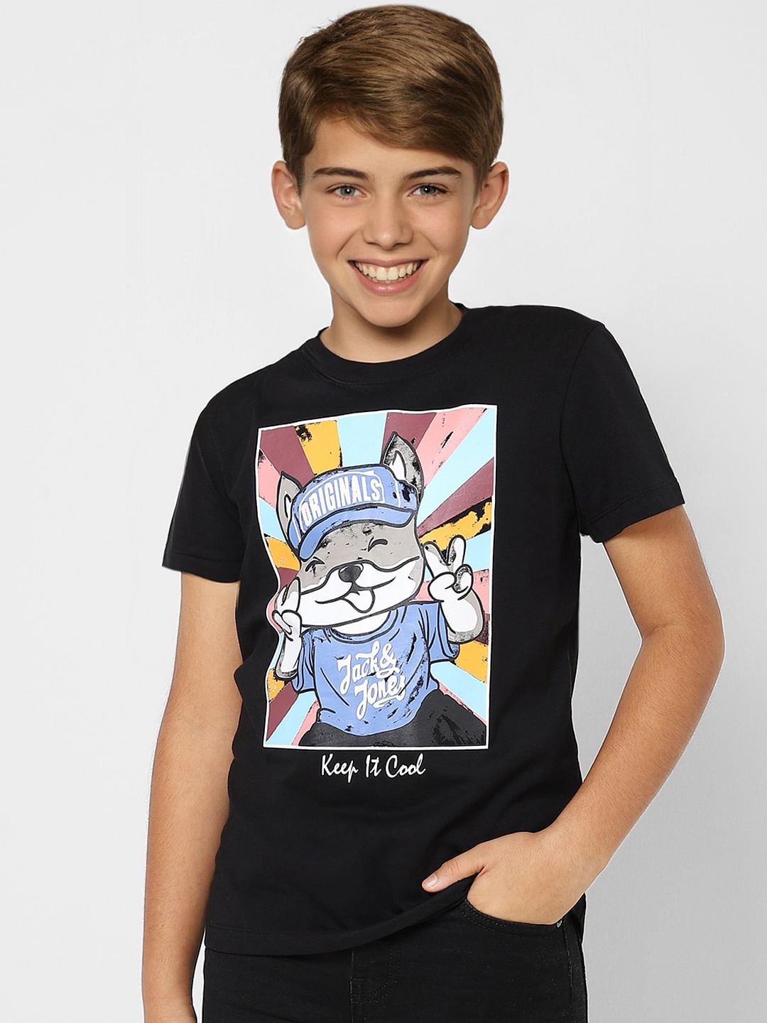 Boys Black Graphic Print Crew Neck T-shirt