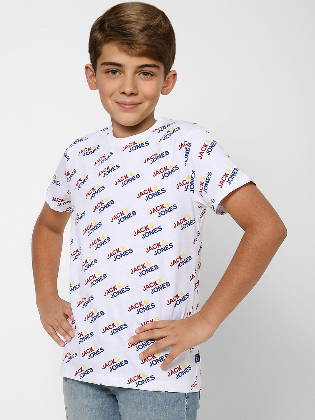 Boys White Logo Graphic Print Crew Neck T-shirt