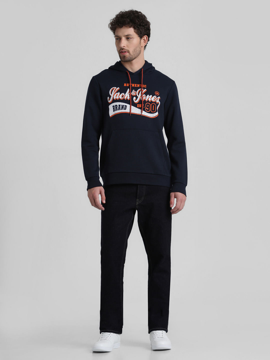 Navy Logo Print Hooded Sweatshirt