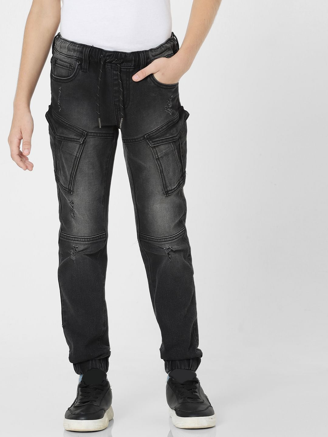 Boys Black Mid Rise Denim Joggers