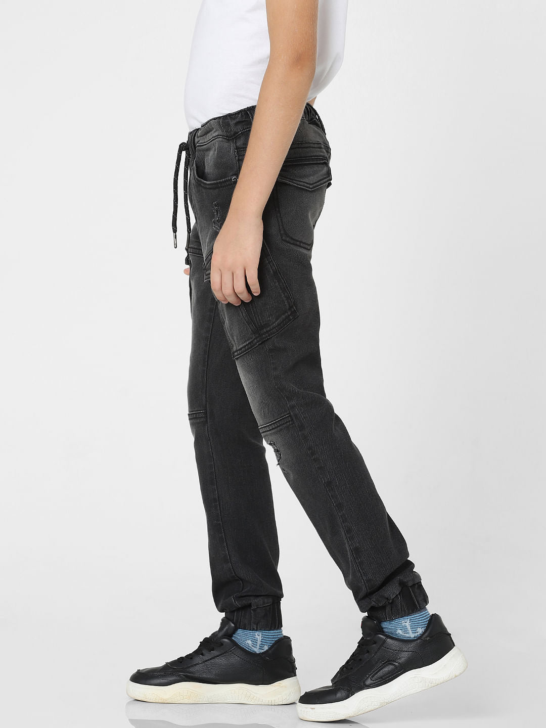 Boys Black Mid Rise Denim Joggers