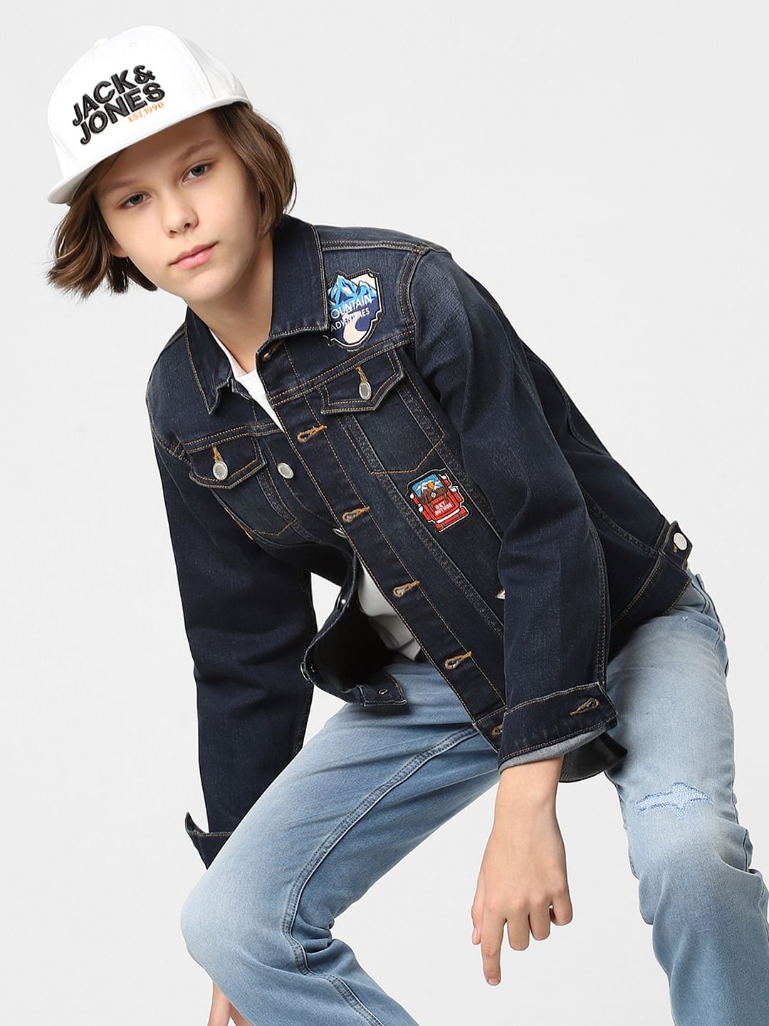 Boys Dark Blue Printed Denim Jacket
