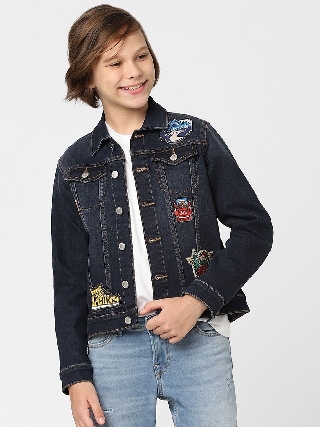 Boys Dark Blue Printed Denim Jacket