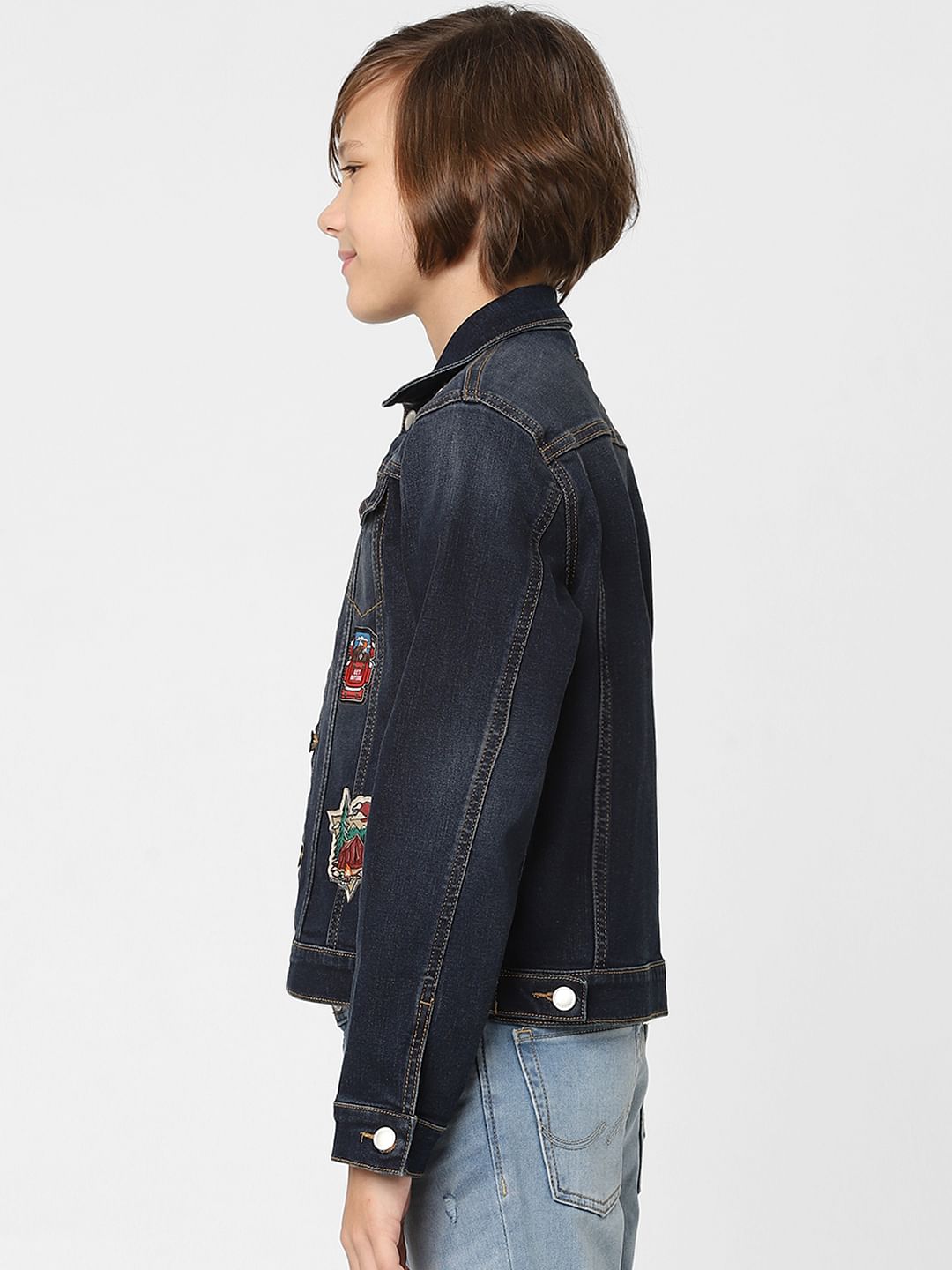 Boys Dark Blue Printed Denim Jacket
