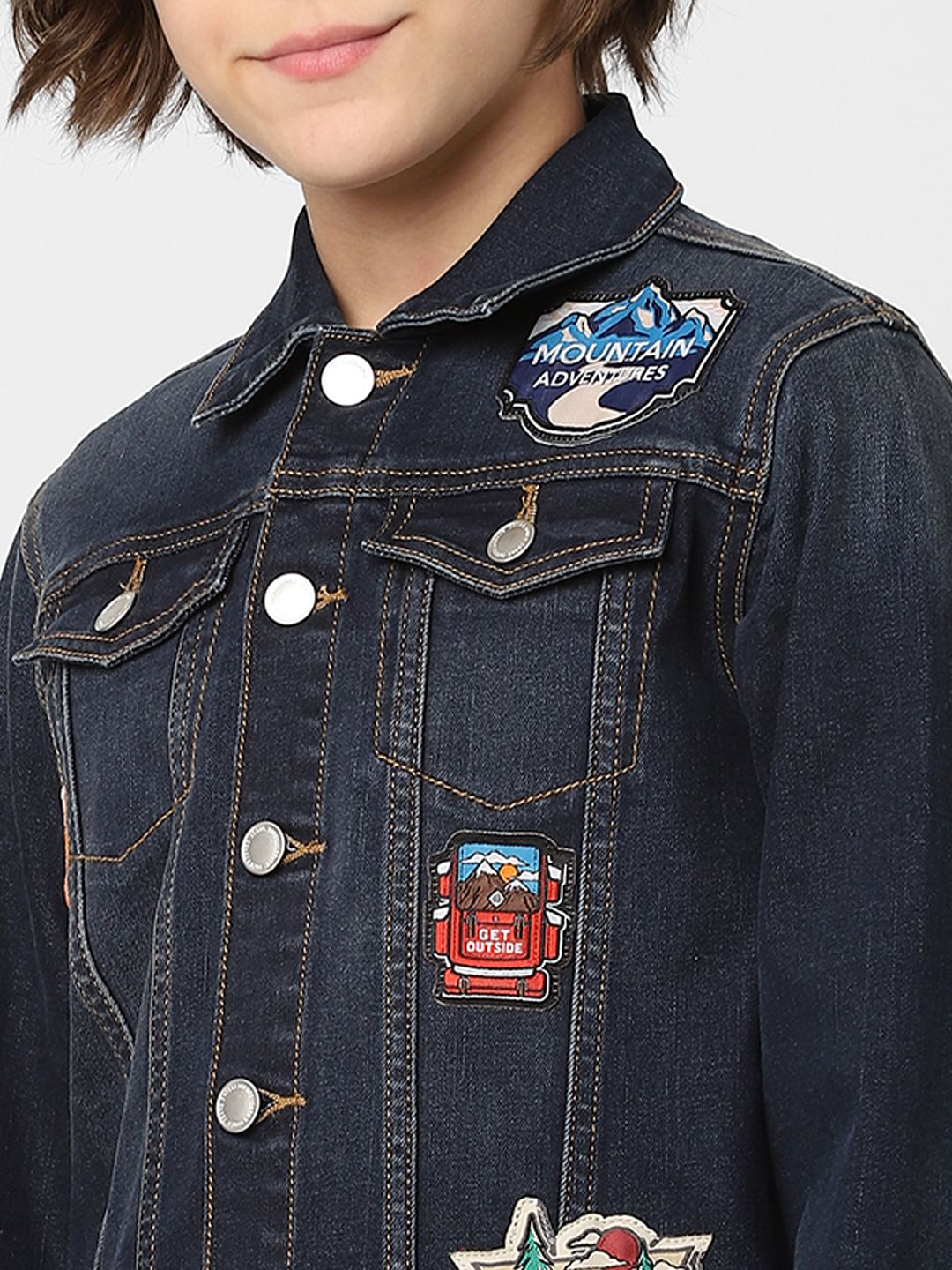 Boys Dark Blue Printed Denim Jacket