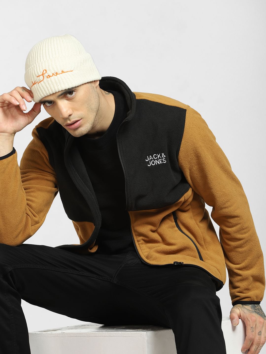 Brown Colourblocked Fleece Jacket
