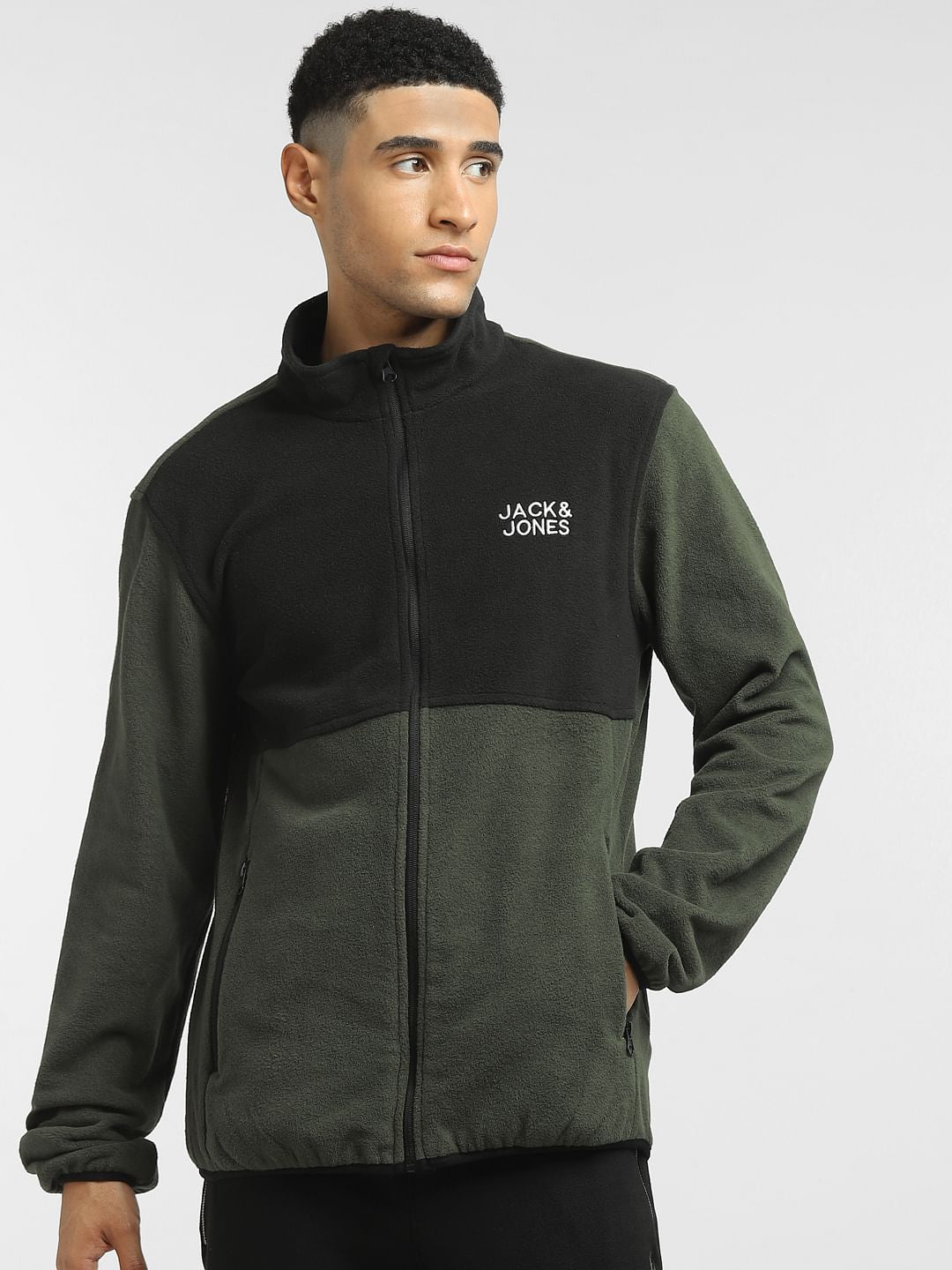 Green Colourblocked High-Neck Jacket