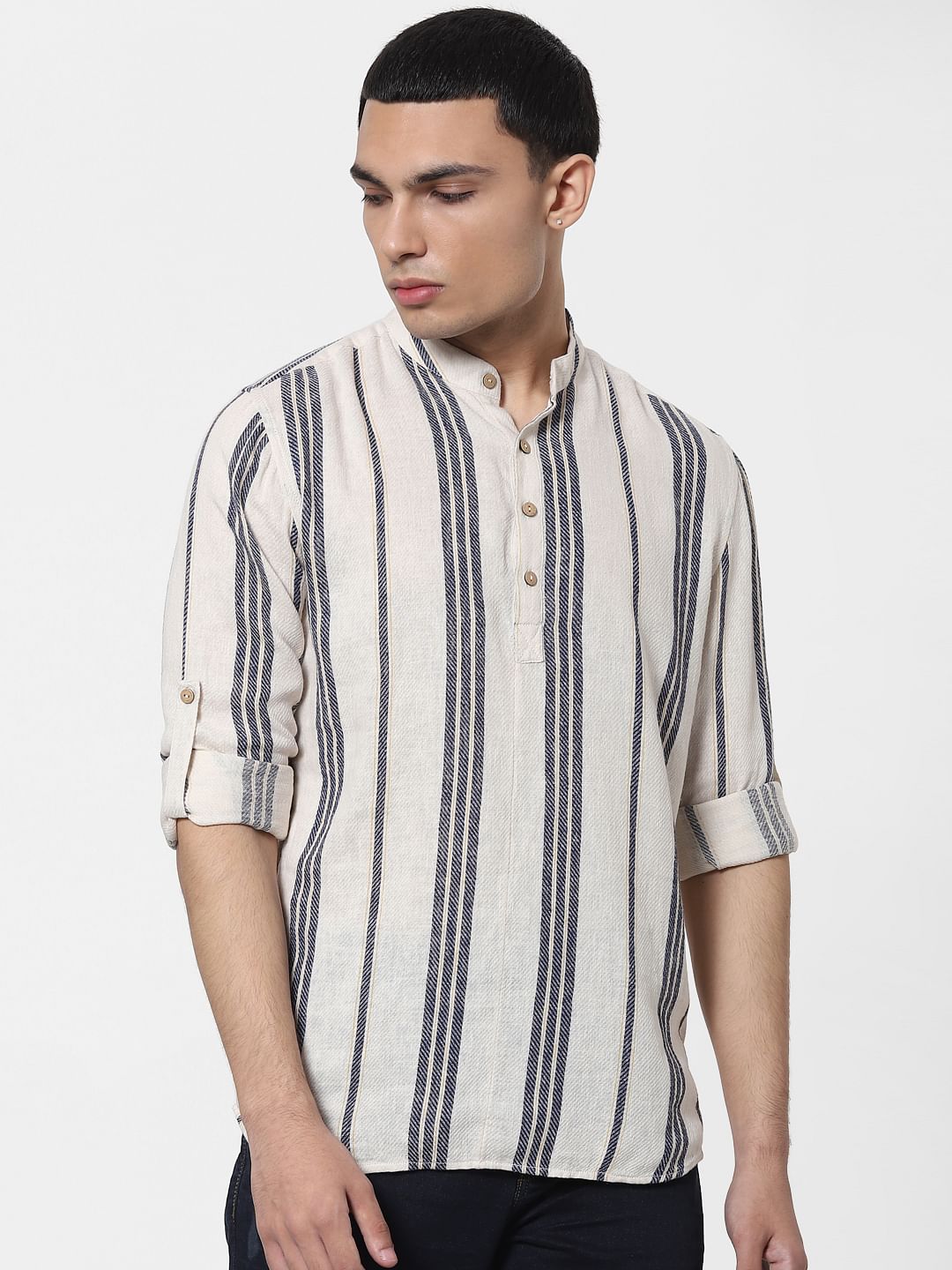 Beige Striped Full Sleeves Linen Shirt